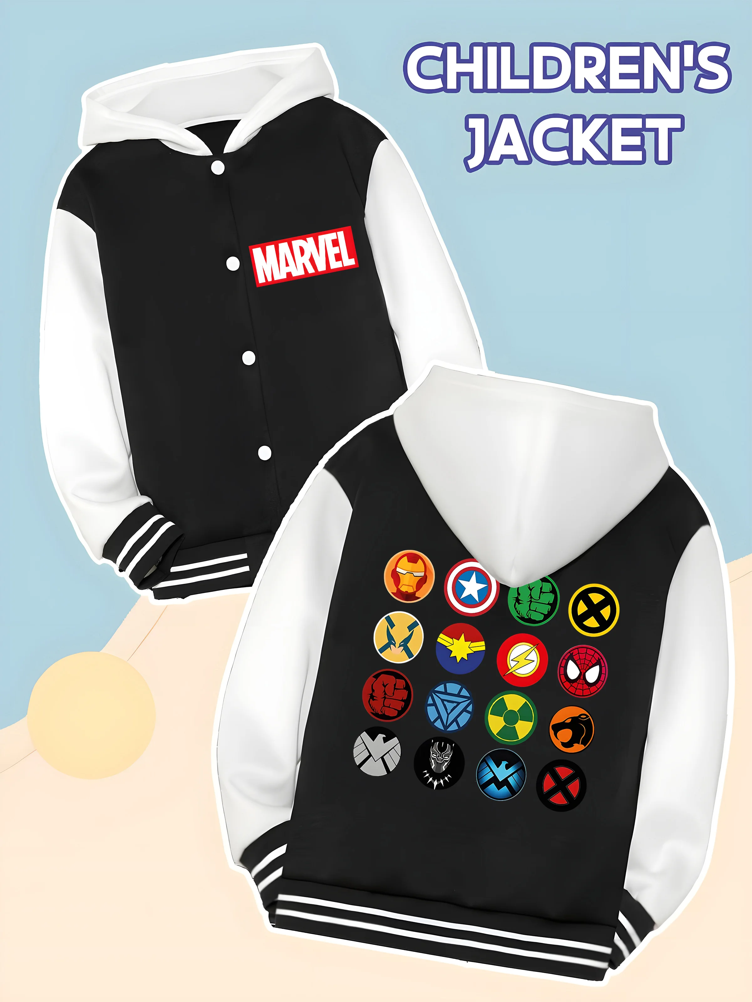 MINISO Marvel Boys' Baseball hooded Jacket - Double-sided Marvel hero emblem, soft fabric 
MINISO Marvel Boys' Baseball hooded Jacket - Double-sided Marvel hero emblem, soft fabric