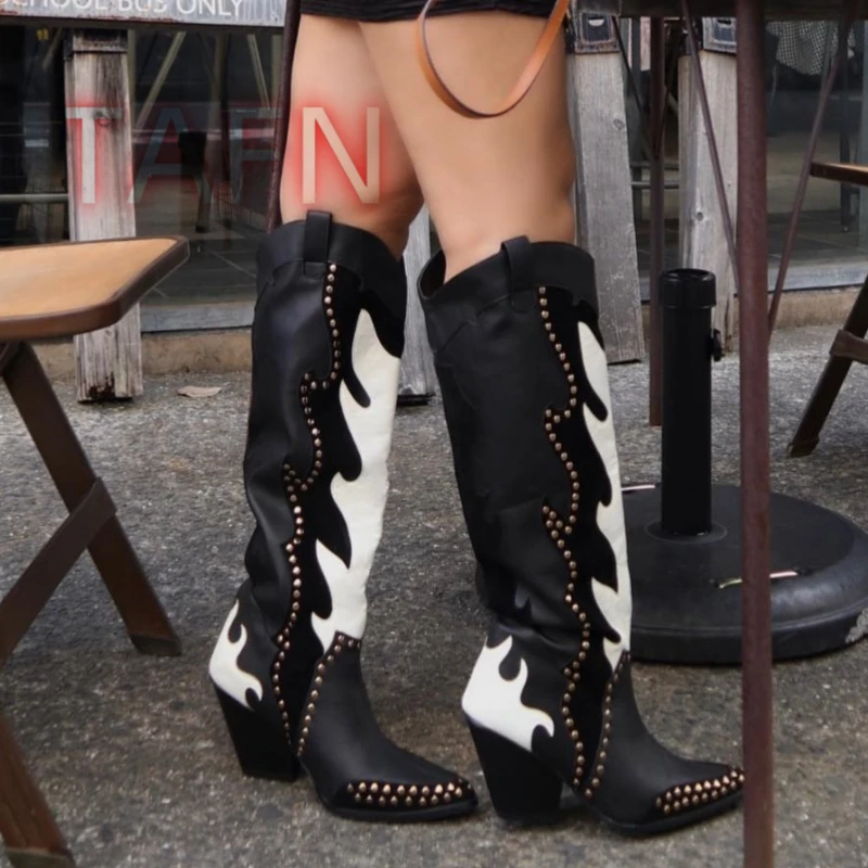 Autumn Chunky Heels Studded Cowboy Boots Women Sexy Pointed Toe Knee High Boots Mixed Color Western Cowgirl Boots Botas De Mujer
Autumn Chunky Heels Studded Cowboy Boots Women Sexy Pointed Toe Knee High Boots Mixed Color Western Cowgirl Boots Botas De Mujer