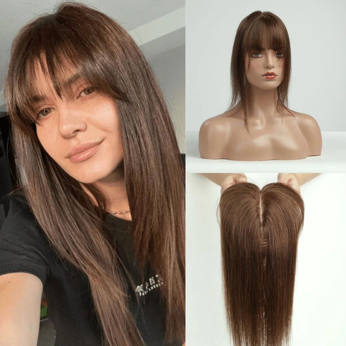 Brown Color Human Hair Topper with Bangs Hairpieces with Clips Women Toppers For Mild Hair Loss Volume Silk Base Toppers
Brown Color Human Hair Topper with Bangs Hairpieces with Clips Women Toppers For Mild Hair Loss Volume Silk Base Toppers