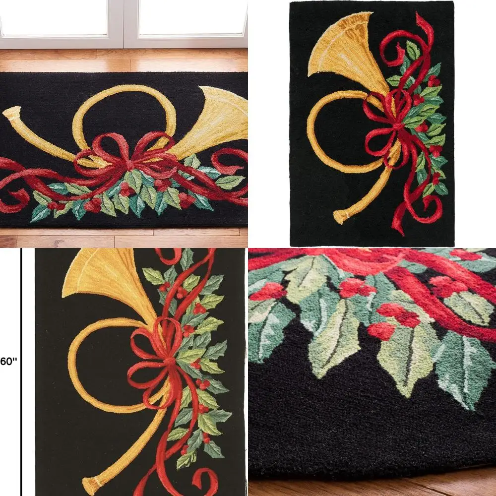 Handcrafted Wool Accent Rug, 2'6x5', Black & Multicolored, Christmas Horn Novelty, Perfect for Entryways, Living Rooms, and Bedr
Handcrafted Wool Accent Rug, 2'6x5', Black & Multicolored, Christmas Horn Novelty, Perfect for Entryways, Living Rooms, and Bedr