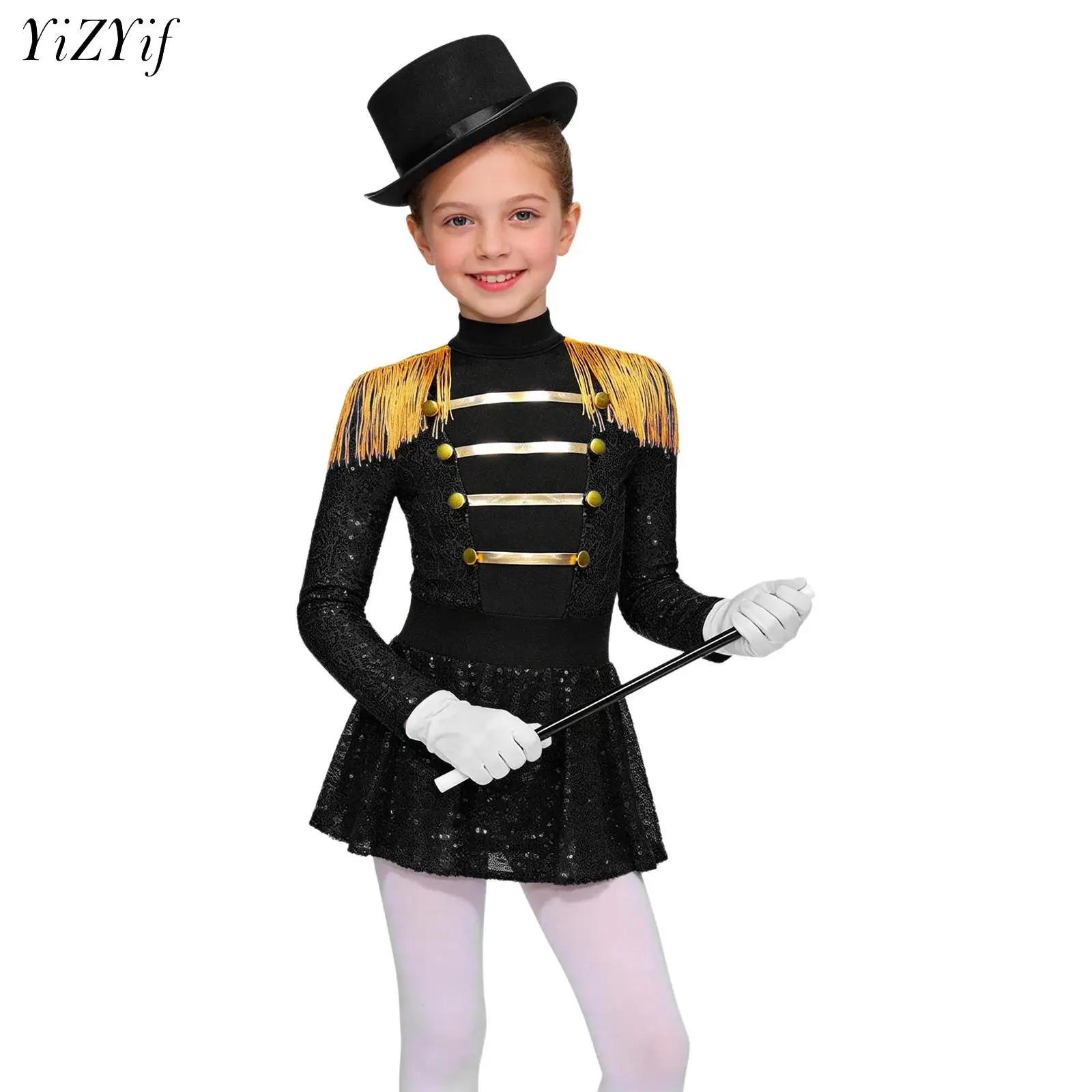Girls Halloween Circus Ringmaster Magician Cosplay Costume Long Sleeve Shiny Sequin Leotard Carnival Party Dress with Hat Gloves
Girls Halloween Circus Ringmaster Magician Cosplay Costume Long Sleeve Shiny Sequin Leotard Carnival Party Dress with Hat Gloves