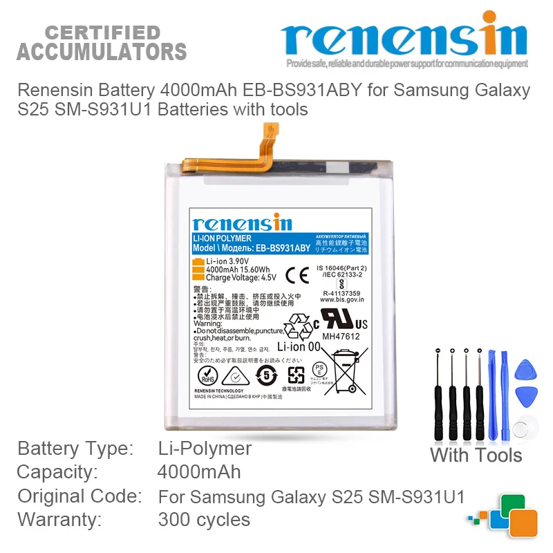 Аккумулятор Renensin 4000 мАч EB-BS931ABY для Samsung Galaxy S25 SM-S931U1 Аккумуляторы с инструментами
Аккумулятор Renensin 4000 мАч EB-BS931ABY для Samsung Galaxy S25 SM-S931U1 Аккумуляторы с инструментами