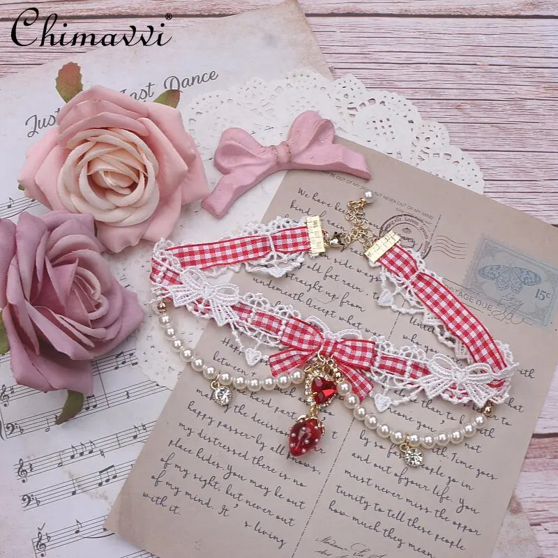 Original Japanese Sweet Lace Plaid Strawberry Pearl Heart Pendant Necklace Choker Lolita Cute GirlsY2k Neck Accessory
Original Japanese Sweet Lace Plaid Strawberry Pearl Heart Pendant Necklace Choker Lolita Cute GirlsY2k Neck Accessory