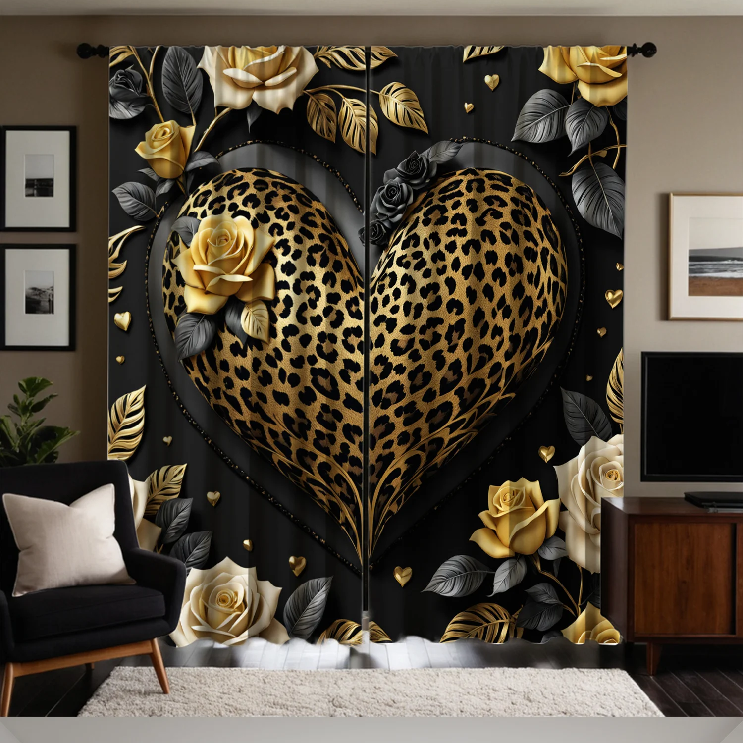 Gold Leopard Heart and Rose Curtains 3D Printing Black Background Window Drapes Luxury Living Room Decor Fashion Home Design
Gold Leopard Heart and Rose Curtains 3D Printing Black Background Window Drapes Luxury Living Room Decor Fashion Home Design