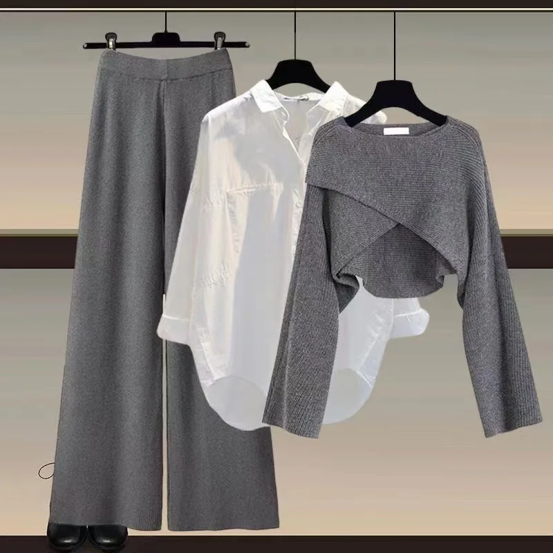 Women's Knitted Sweater Shirt Wide Leg Pants Three Piece Set Autumn Winter Casual Style plus Size Slimming Fashionable Ensemble
Women's Knitted Sweater Shirt Wide Leg Pants Three Piece Set Autumn Winter Casual Style plus Size Slimming Fashionable Ensemble