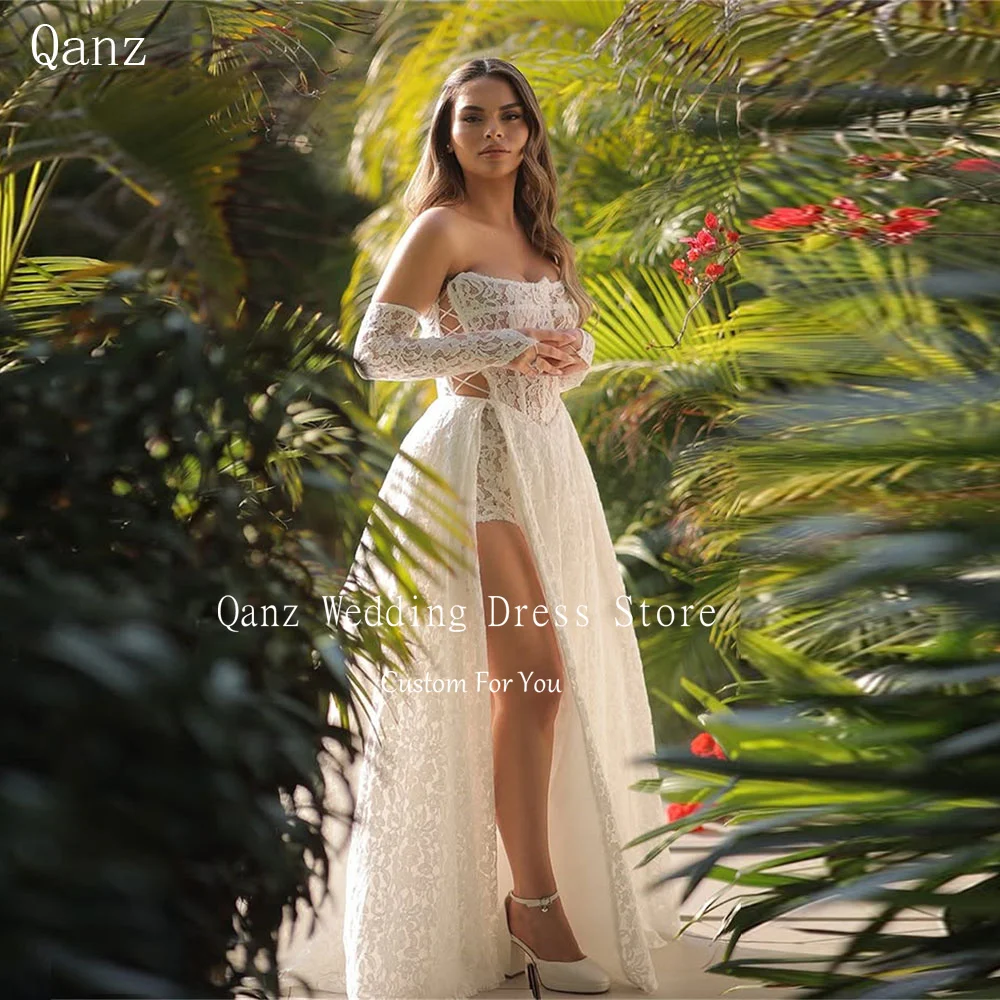 Qanz Bohemia Lace Appliques Wedding Dresses High Slit Long A Line Robe De Mariée Detachable Sleeves Bridal Gowns Customized
Qanz Bohemia Lace Appliques Wedding Dresses High Slit Long A Line Robe De Mariée Detachable Sleeves Bridal Gowns Customized