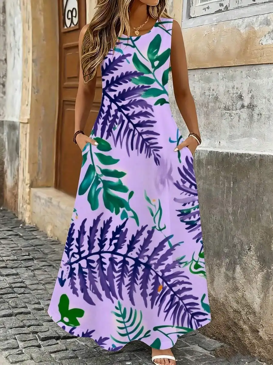 Sleeveless Maxi Dress Lavender Purple Green Fern Print Boho Beach Vacation Outfit
Sleeveless Maxi Dress Lavender Purple Green Fern Print Boho Beach Vacation Outfit