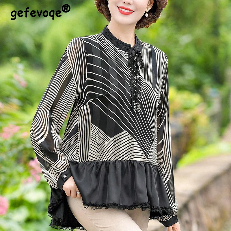 Middle Aged Elderly Women Fashion Striped Print Lace Patchwork Blouse Elegant Chic Irregular Shirt Ladies Long Sleeve Loose Tops
Middle Aged Elderly Women Fashion Striped Print Lace Patchwork Blouse Elegant Chic Irregular Shirt Ladies Long Sleeve Loose Tops