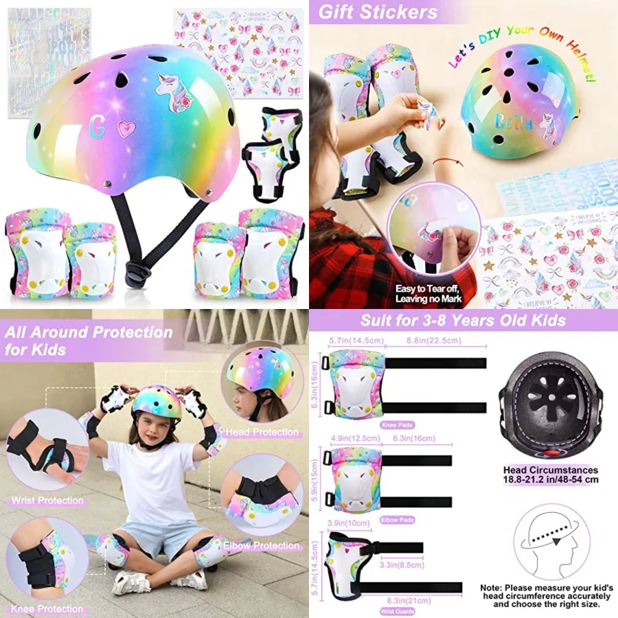 Helmet, Toddler Bike Helmet with DIY Stickers Unicorn Knee Pads and Elbow Pads Set Adjustable Protective Gear Set for Girls Age
Helmet, Toddler Bike Helmet with DIY Stickers Unicorn Knee Pads and Elbow Pads Set Adjustable Protective Gear Set for Girls Age