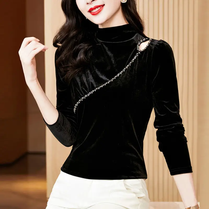 Spring Autumn Sexy Fashion Hollow Out Mesh Patchwork Tee Women Long Sleeve Bottoming Top Ladies Half High Collar Velvet T-shirt
Spring Autumn Sexy Fashion Hollow Out Mesh Patchwork Tee Women Long Sleeve Bottoming Top Ladies Half High Collar Velvet T-shirt