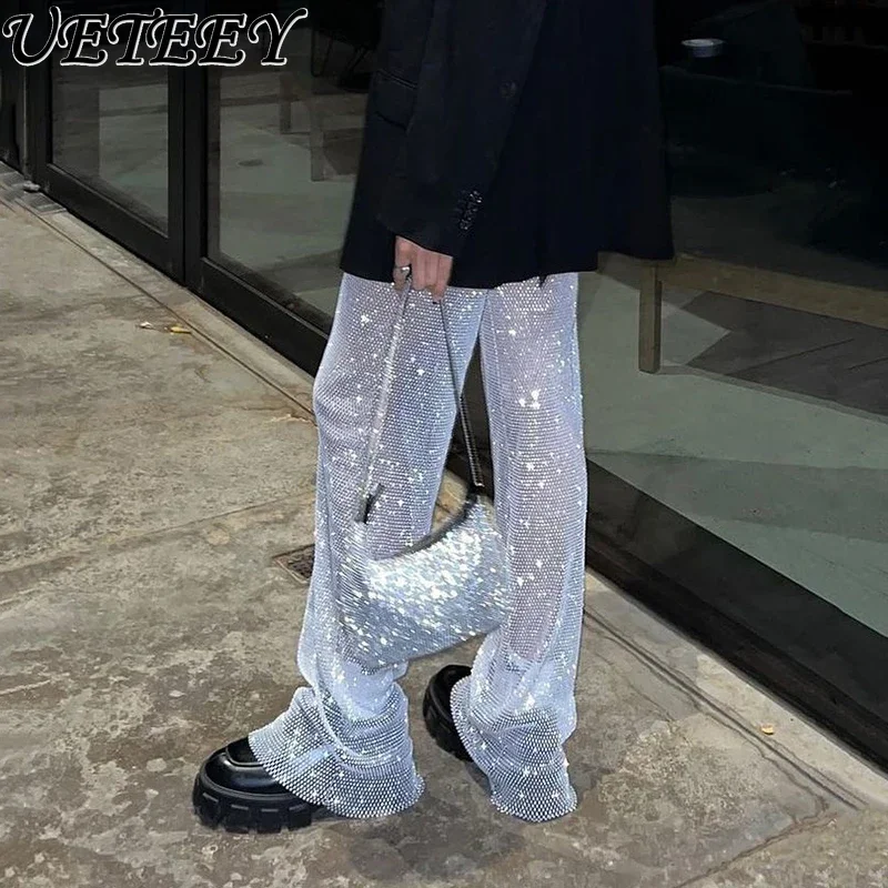 Summer New Ladies Sexy Mesh Hollow-out Loose Trousers Fashion Diamond-Embedded High Waist Wide-Leg Straight Pants for Women
Summer New Ladies Sexy Mesh Hollow-out Loose Trousers Fashion Diamond-Embedded High Waist Wide-Leg Straight Pants for Women