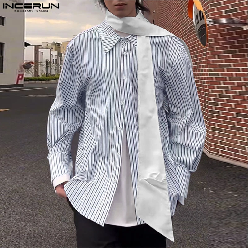 INCERUN Мужская рубашка в полоску в стиле пэчворк с лацканами и длинными рукавами, свободная мужская одежда, уличная одежда, модные повседневные мужские рубашки 2025, топы, S-5XL 
INCERUN Мужская рубашка в полоску в стиле пэчворк с лацканами и длинными рукавами, свободная мужская одежда, уличная одежда, модные повседневные мужские рубашки 2025, топы, S-5XL