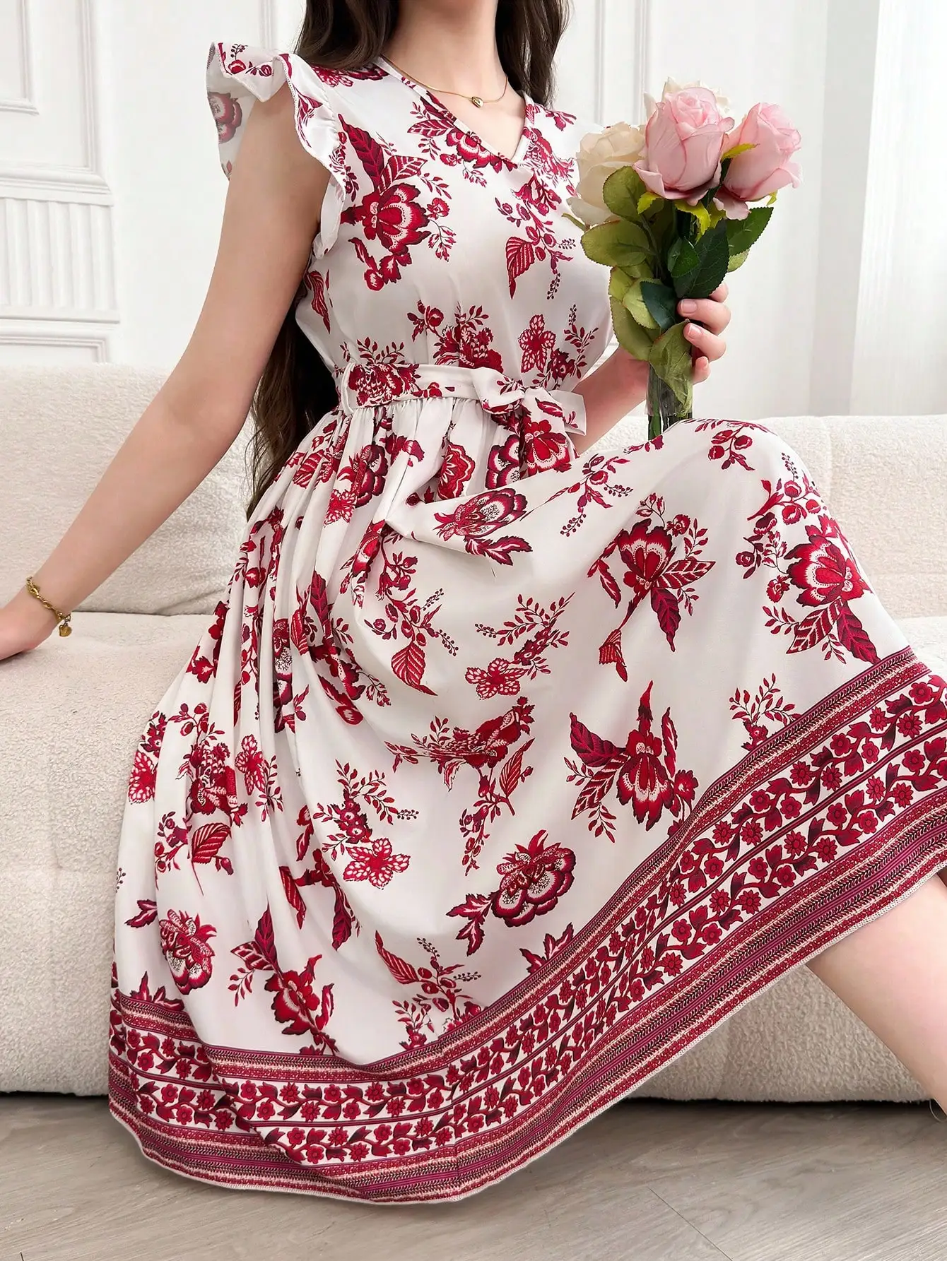Women Elegant Floral Print Ruffle Sleeve Waist Tie A-Line Dress Summer Casual
Women Elegant Floral Print Ruffle Sleeve Waist Tie A-Line Dress Summer Casual