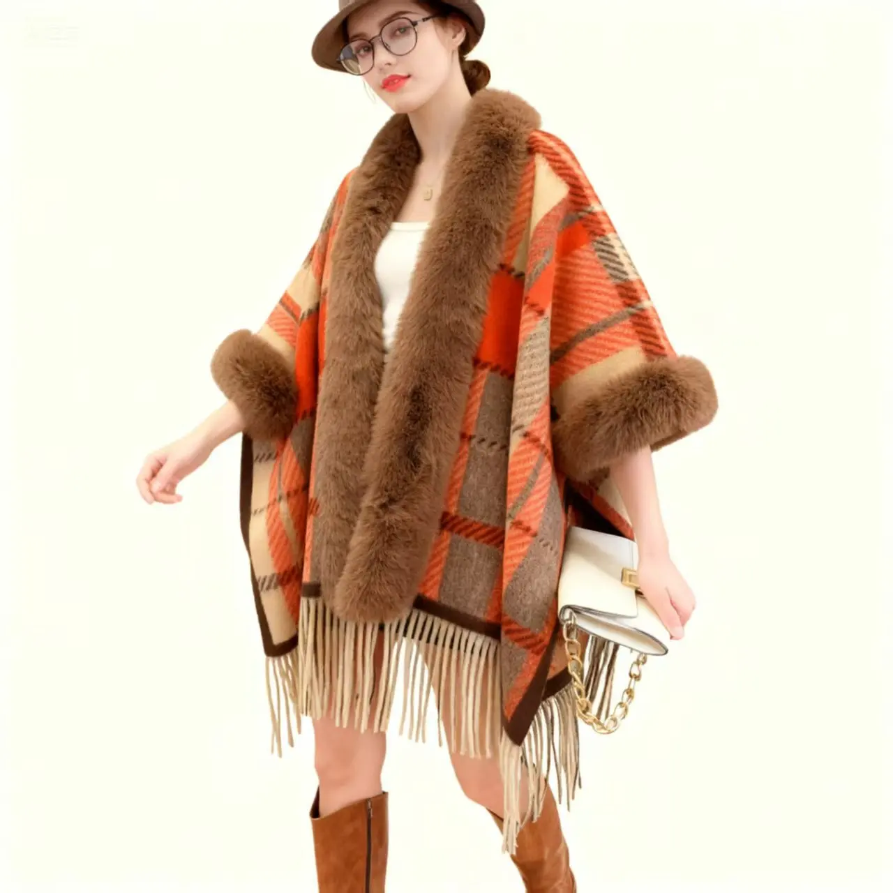 Plaid Splicing Big Hairy Collar Cape Casual Tassel Women's Ponchos Elegant Batwing Sleeve Cloak Autumn Winter Loose Jackets New
Plaid Splicing Big Hairy Collar Cape Casual Tassel Women's Ponchos Elegant Batwing Sleeve Cloak Autumn Winter Loose Jackets New