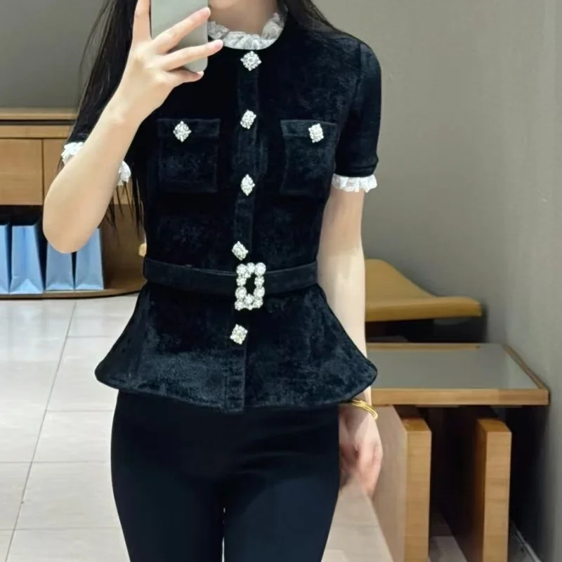 Bla Velvet Knitwear ort Sve Splicing Lace Design Diamond Decorated Women's Faion French Sle Autumn Winter
Bla Velvet Knitwear ort Sve Splicing Lace Design Diamond Decorated Women's Faion French Sle Autumn Winter