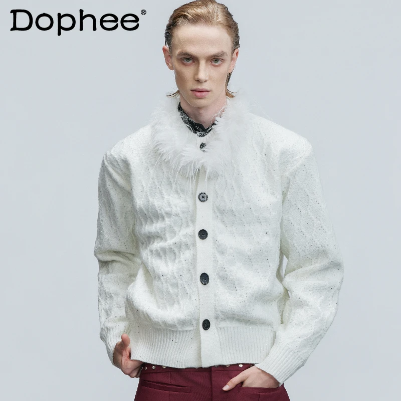 Men's 2025 Autumn Winter New Fine Flash Sequin Faux Fur Collar Sweaters Cardigan Knitwears Jackets Male Handsome Knitted Tops
Men's 2025 Autumn Winter New Fine Flash Sequin Faux Fur Collar Sweaters Cardigan Knitwears Jackets Male Handsome Knitted Tops