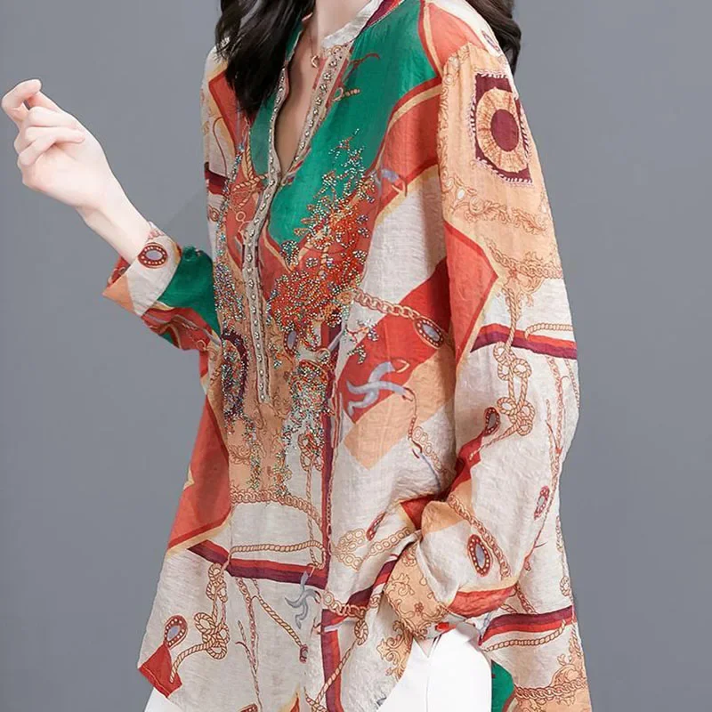 Женская винтажная Свободная блузка с V-образным вырезом и принтом 
Женская винтажная Свободная блузка с V-образным вырезом и принтом