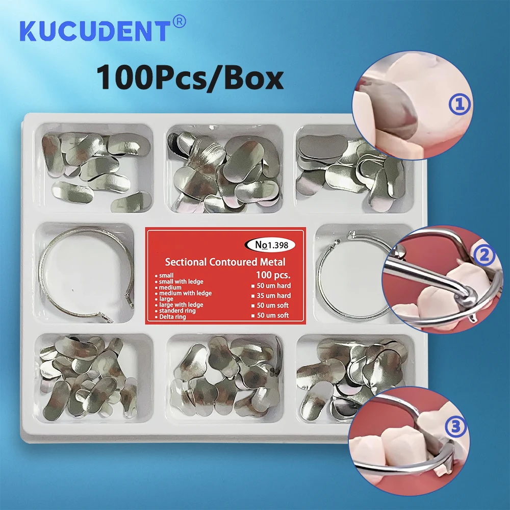 Dental Sectional Matrix Kit 100Pcs Autoclavable Metal Bands with Resin Rings Springclip for Teeth Restorations Resin Clamping 
Dental Sectional Matrix Kit 100Pcs Autoclavable Metal Bands with Resin Rings Springclip for Teeth Restorations Resin Clamping