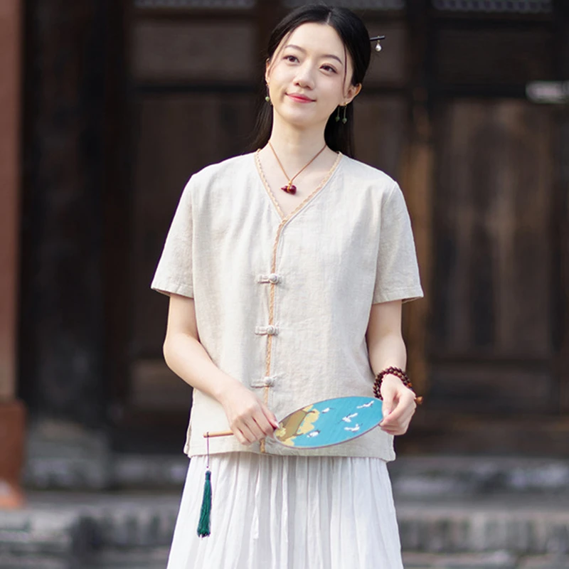 Women Cotton Linen Casual Shirt New Arrival 2026 Summer Vintage Style V-neck Solid Color Female Short Sleeve Tops Shirts M2601
Women Cotton Linen Casual Shirt New Arrival 2026 Summer Vintage Style V-neck Solid Color Female Short Sleeve Tops Shirts M2601