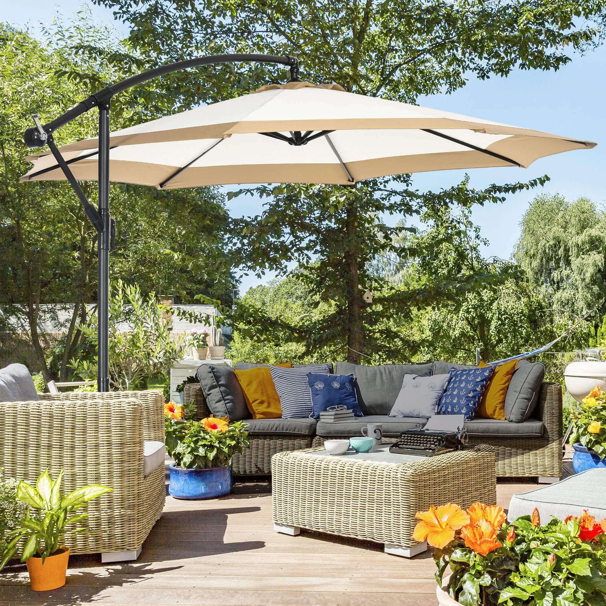 10FT Cantilever Offset Patio Umbrella with Crank, Cross Base for Deck/Backyard/Pool/Garden, Hanging Shade Umbrella, Tan
10FT Cantilever Offset Patio Umbrella with Crank, Cross Base for Deck/Backyard/Pool/Garden, Hanging Shade Umbrella, Tan