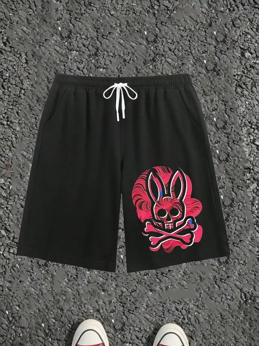 Black Printed Mens Casual Shorts With Skull Rabbit Graphic, Elastic Waist Drawstring, Summer Streetwear
Black Printed Mens Casual Shorts With Skull Rabbit Graphic, Elastic Waist Drawstring, Summer Streetwear