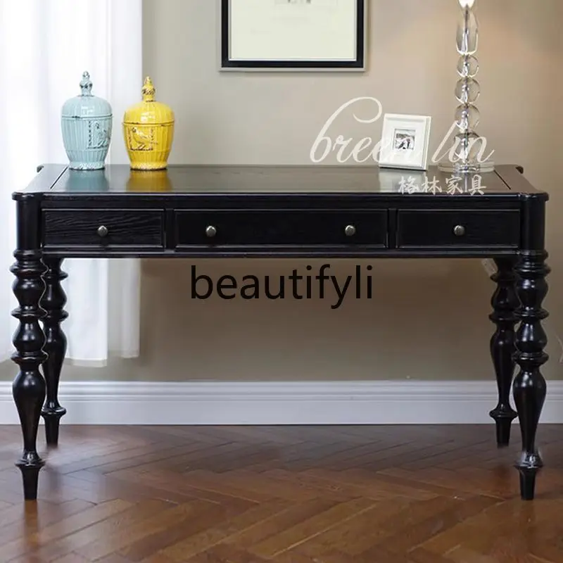 American solid wood desk/French retro light luxury black writing table/simple modern entrance decoration table
American solid wood desk/French retro light luxury black writing table/simple modern entrance decoration table