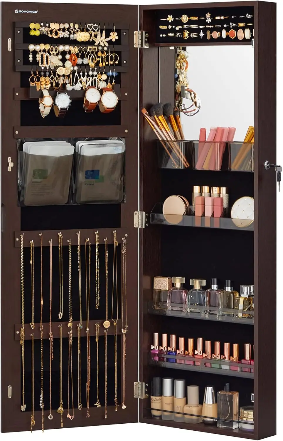 Wall or Door Mount Jewelry Cabinet with Full-Length Mirror, Lockable Storage Organizer for Jewelry and Cosmetics, Brown
Wall or Door Mount Jewelry Cabinet with Full-Length Mirror, Lockable Storage Organizer for Jewelry and Cosmetics, Brown