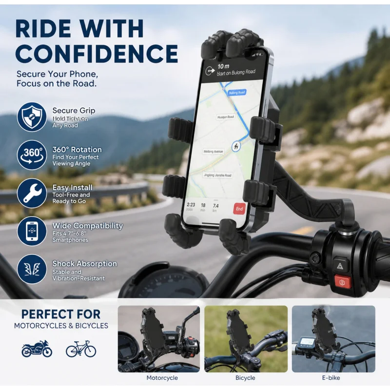 Bike & Motorcycle Phone Holder, Shockproof Foldable, 360° Rotation Navigation Mount
Bike & Motorcycle Phone Holder, Shockproof Foldable, 360° Rotation Navigation Mount