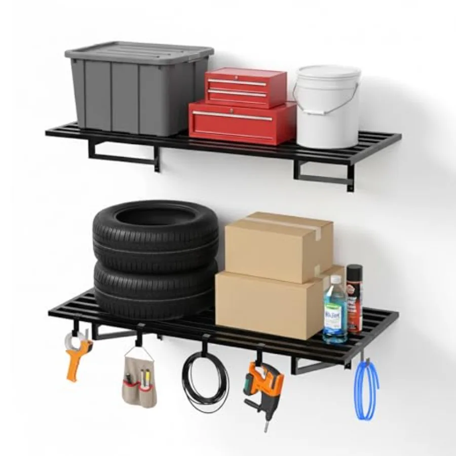 2-Pack Heavy Duty Garage Wall Shelves 2' x 4' Powder-Coated Alloy Steel Storage Rack with 6 Utility Hooks 500 lbs Total Capacit
2-Pack Heavy Duty Garage Wall Shelves 2' x 4' Powder-Coated Alloy Steel Storage Rack with 6 Utility Hooks 500 lbs Total Capacit