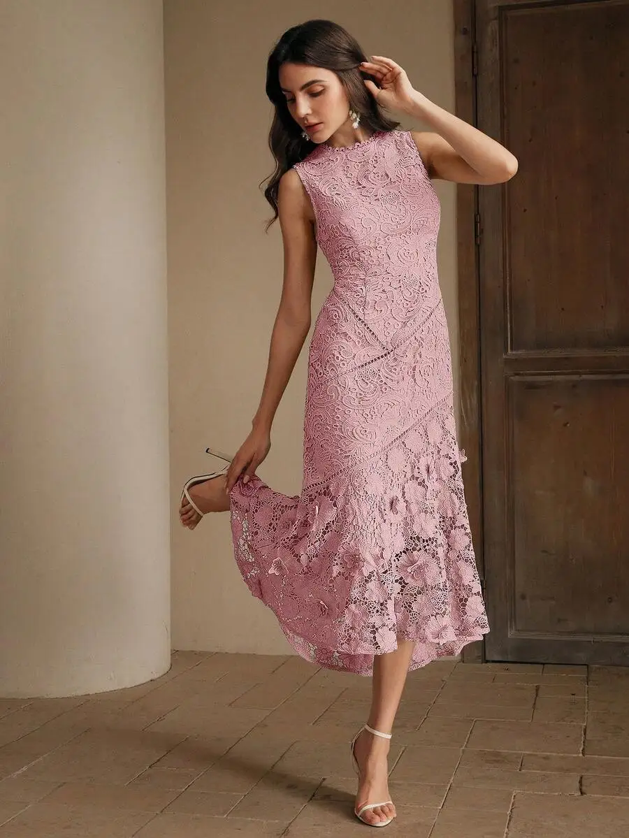 Pink Sleeveless Lace Midi Dress With Round Neck, 3D Floral Motifs, Asymmetrical Hemline For Spring And Summer
Pink Sleeveless Lace Midi Dress With Round Neck, 3D Floral Motifs, Asymmetrical Hemline For Spring And Summer