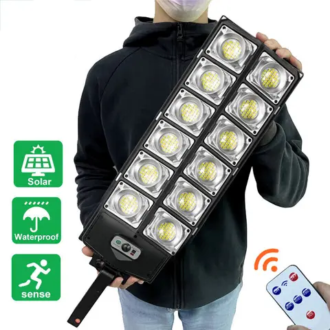 Lampada da strada solare per esterni ultraluminosa a 360 LED con sensore di movimento, lampada da strada grande impermeabile commerciale dal tramonto all'alba