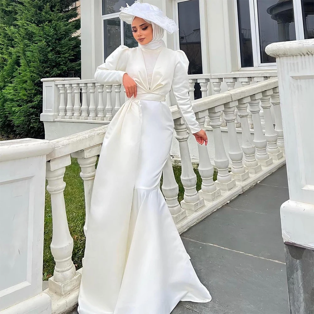 Elegant Hijab Wedding Dresses High Collar Long Sleeves Bride Dress Detachable Train Sequin Bridal Gown Customized robe de mariée
Elegant Hijab Wedding Dresses High Collar Long Sleeves Bride Dress Detachable Train Sequin Bridal Gown Customized robe de mariée