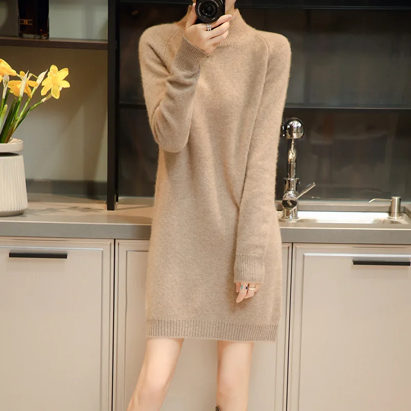 Autumn Winter Loose Knitted Half High Collar Dress Women Soft Mellow mid Length Sweater Dress Korean Style Frock for Ladies
Autumn Winter Loose Knitted Half High Collar Dress Women Soft Mellow mid Length Sweater Dress Korean Style Frock for Ladies