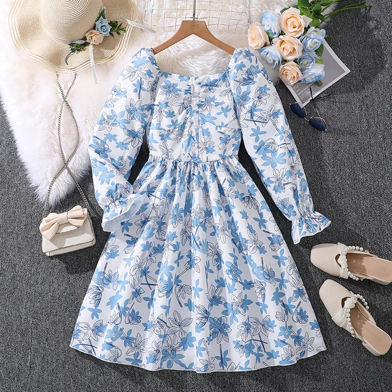 Autumn Spring Children's Clothes 8-12 Years Girl Blue Print Square Collar Dress Fashion Comfortable Princess Casual Kids Dresses
Autumn Spring Children's Clothes 8-12 Years Girl Blue Print Square Collar Dress Fashion Comfortable Princess Casual Kids Dresses