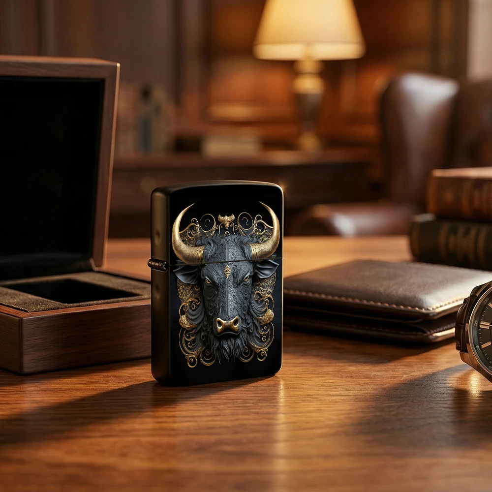 Ornate Bull Head Flip Top Lighter, Gold & Black Engraved Design, Vintage Style Smoking Accessory for Men
Ornate Bull Head Flip Top Lighter, Gold & Black Engraved Design, Vintage Style Smoking Accessory for Men