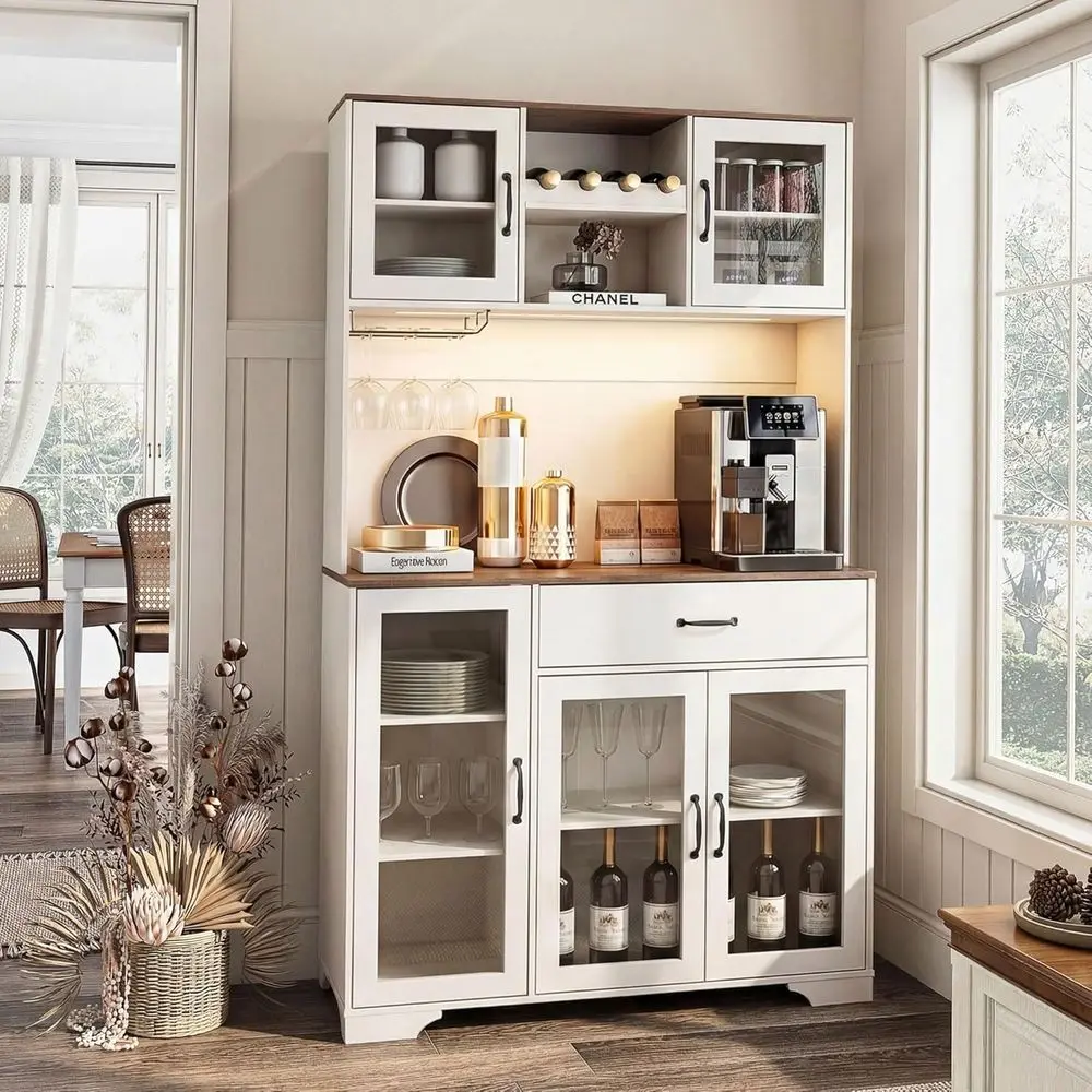 71 White Tall Pantry Cabinet with Coffee Bar, Charging Station, LED Lights, Wine Rack, Adjustable Shelves & Microwave Stand
71 White Tall Pantry Cabinet with Coffee Bar, Charging Station, LED Lights, Wine Rack, Adjustable Shelves & Microwave Stand