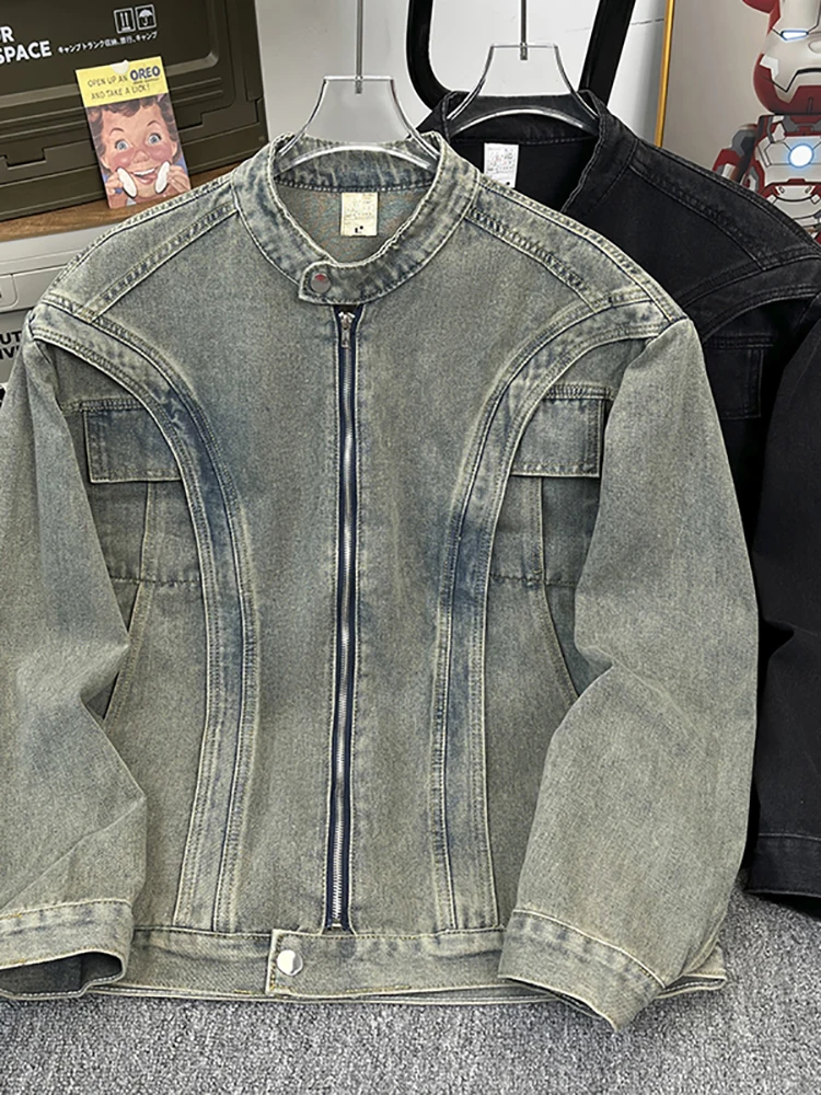 Осенняя джинсовая куртка для мужчин High Street с подкладкой на плечах, американская повседневная модная куртка на молнии с воротником-стойкой
Осенняя джинсовая куртка для мужчин High Street с подкладкой на плечах, американская повседневная модная куртка на молнии с воротником-стойкой
