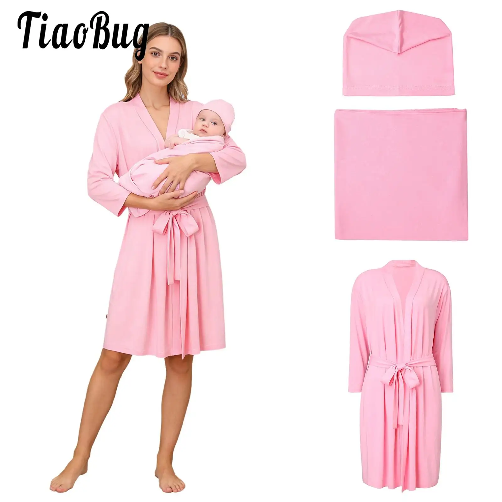 Women Maternity 3-piece Hospital Outfit Mommy Labor Delivery Loose Robe And Belted with Baby Swaddle Baby Hat Solid Color Set
Women Maternity 3-piece Hospital Outfit Mommy Labor Delivery Loose Robe And Belted with Baby Swaddle Baby Hat Solid Color Set