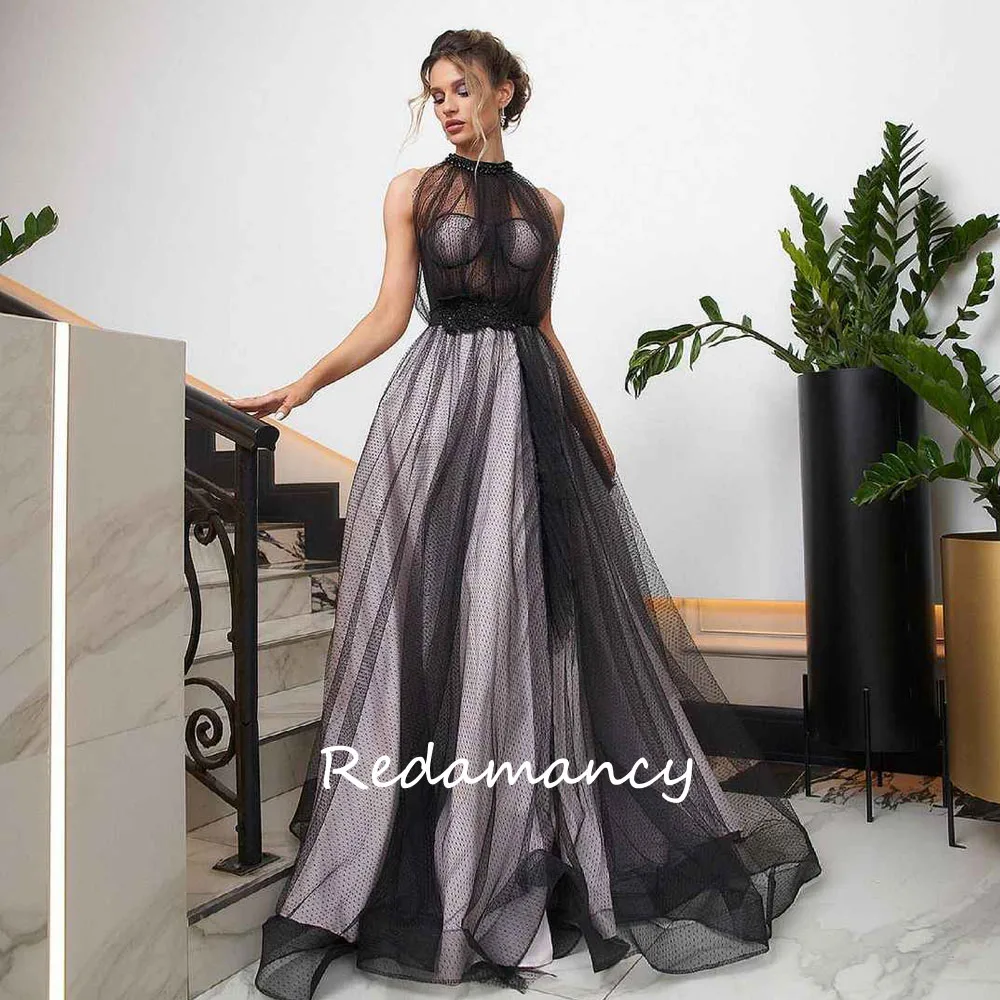 Redamancy Customized Black Halter Tulle Evening Dress Zipper Up Back Floor-Length Prom Dress Side Split A-Line Party Dress
Redamancy Customized Black Halter Tulle Evening Dress Zipper Up Back Floor-Length Prom Dress Side Split A-Line Party Dress
