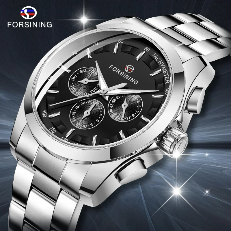 Forsining Black Men's Mechanical Watch 3 Dial Calendar Automatic Self-Wind Clock Business Sport Stainless Steel Belts Wristwatch
Forsining Black Men's Mechanical Watch 3 Dial Calendar Automatic Self-Wind Clock Business Sport Stainless Steel Belts Wristwatch