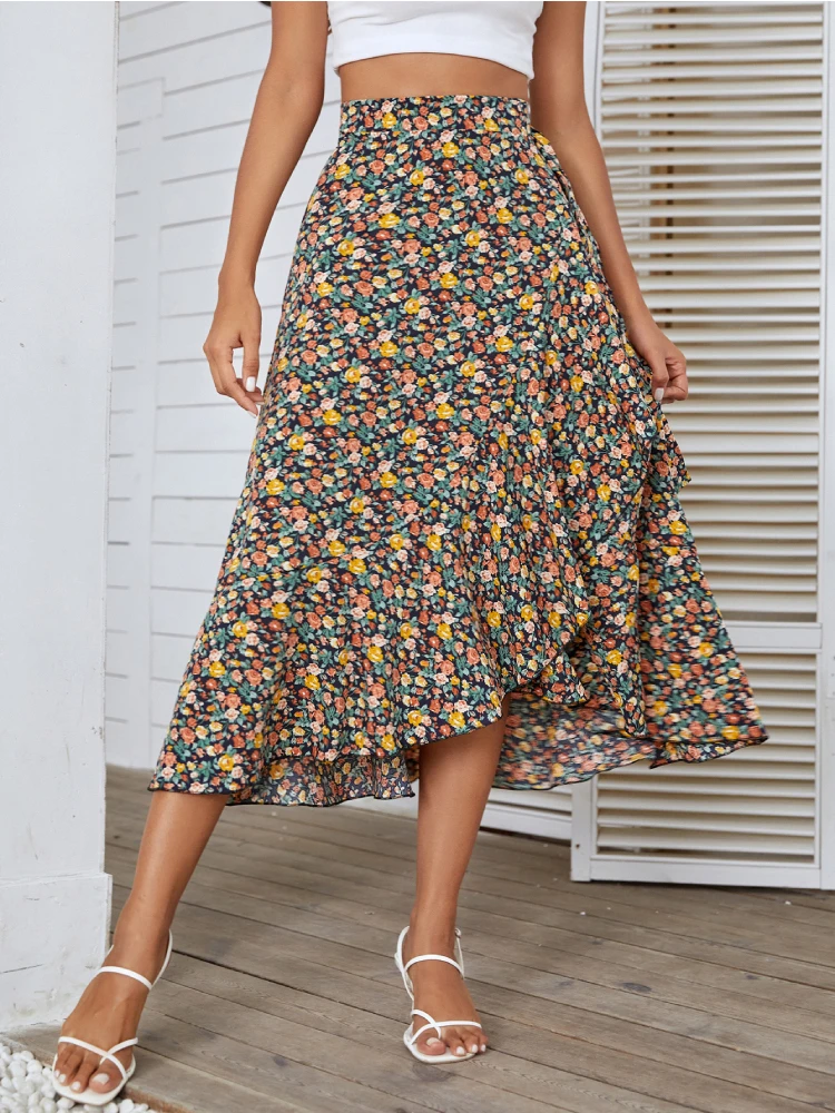 Women Summer Beach Slit Hem Asymmetrical Skirts Female Bohemian Floral Print Ruffles Skirt Fashion Midi Skirt Elegant Wrap Skirt
Women Summer Beach Slit Hem Asymmetrical Skirts Female Bohemian Floral Print Ruffles Skirt Fashion Midi Skirt Elegant Wrap Skirt