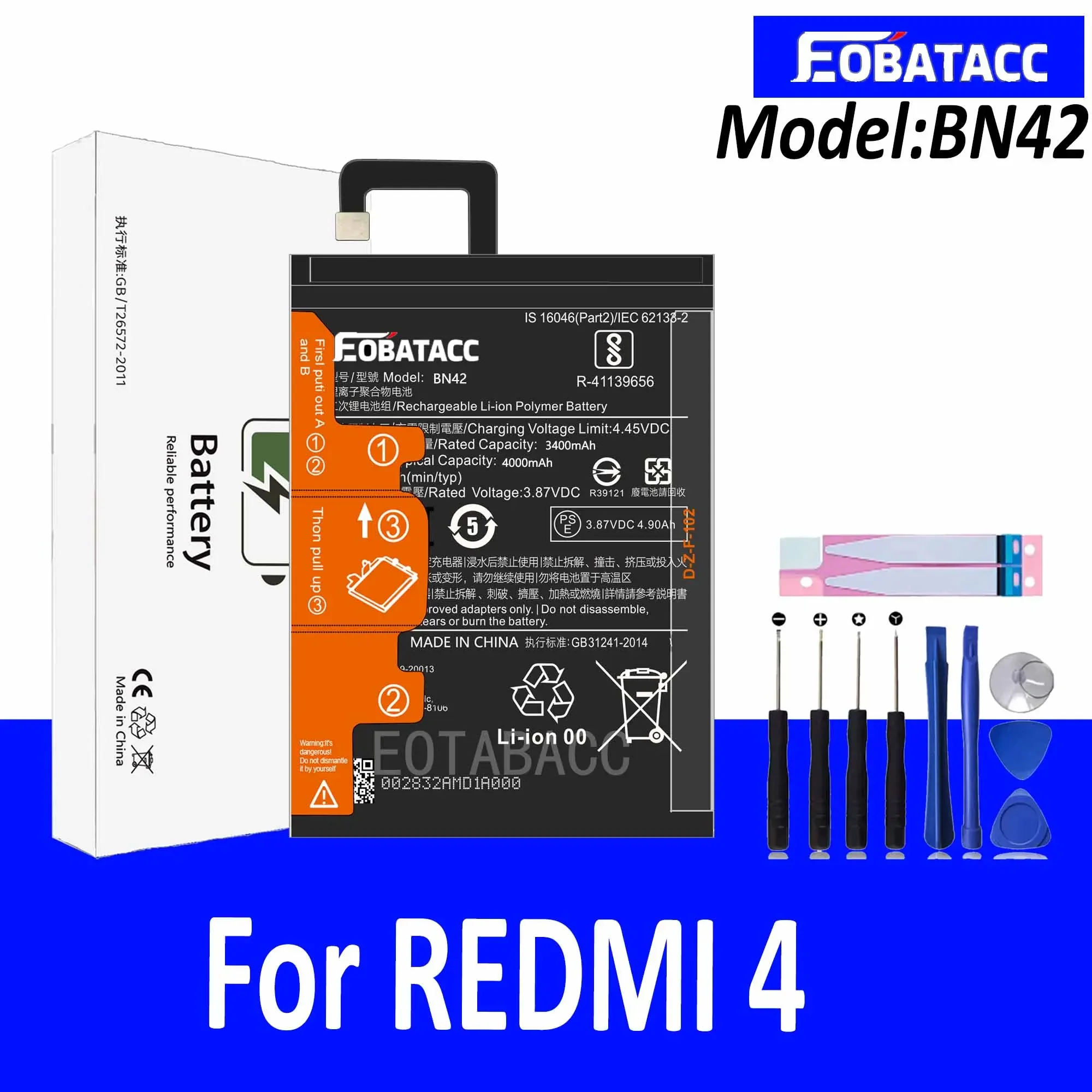 EOTABACC 100% New Original Battery BN42 For XIAOMI REDMI 4 Battery +Tools
EOTABACC 100% New Original Battery BN42 For XIAOMI REDMI 4 Battery +Tools