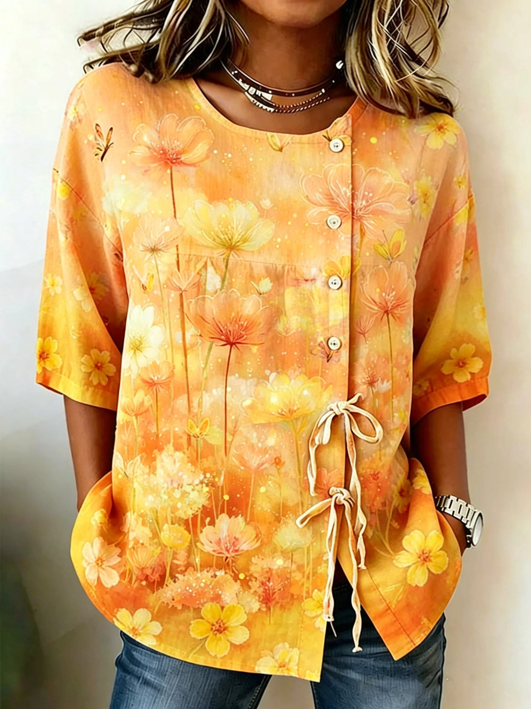 Women's Spring Summer Drawstring Blouse, Watercolor Floral & Butterfly Print Casual Tops for Daily Street Holiday Dating Outfit
Women's Spring Summer Drawstring Blouse, Watercolor Floral & Butterfly Print Casual Tops for Daily Street Holiday Dating Outfit