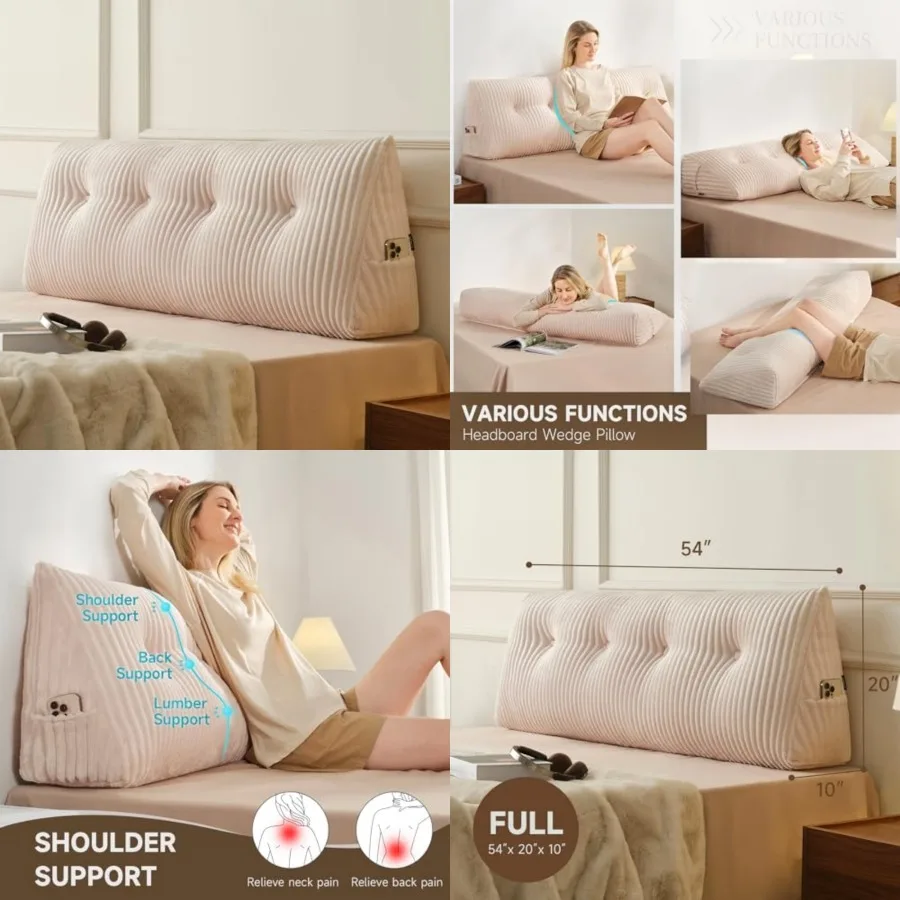Large Headboard Pillow, NO ROLL Pillow, Wedge Pillow Headboard for Sitting Up in Bed, Backrest Support Triangular Cushion for R