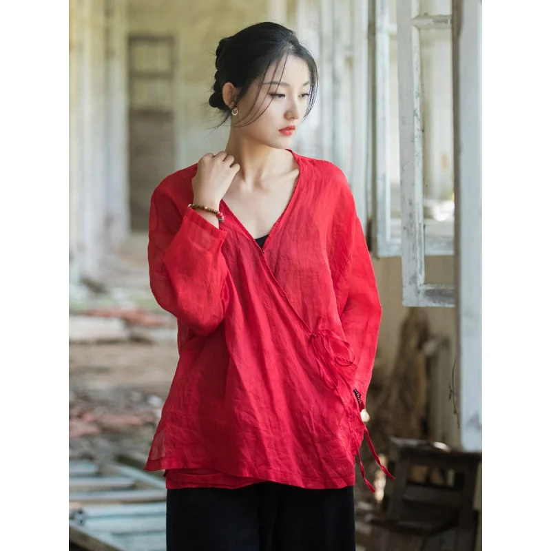 Autumn Chinese Style Shirts For Women Belt Ramie Blouses 2024 New Solid Color Long Sleeve Loose Female Vintage ShirtsShirt
Autumn Chinese Style Shirts For Women Belt Ramie Blouses 2024 New Solid Color Long Sleeve Loose Female Vintage ShirtsShirt