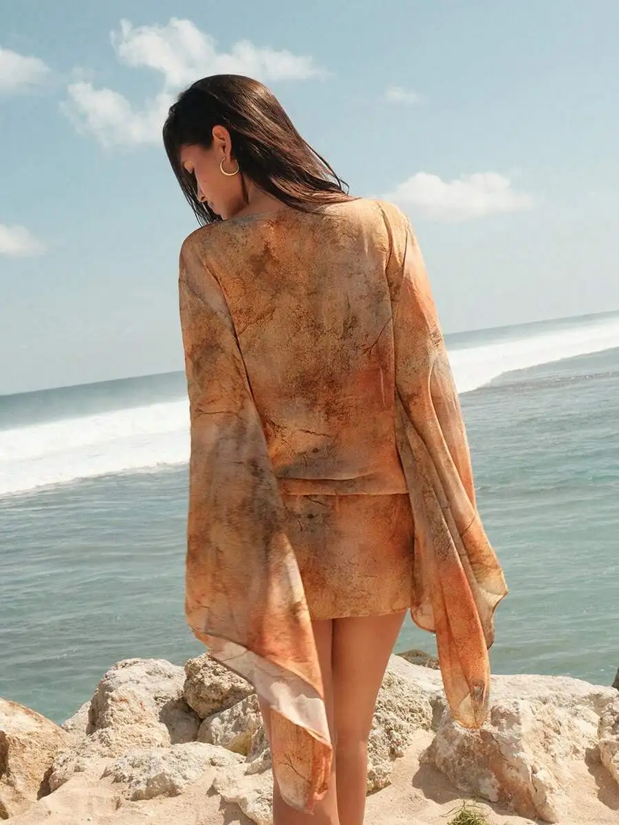 Women Tie Dye Draped Flare Sleeve Mini Dress Brown Boho Beach Cover Up Summer Vacation
Women Tie Dye Draped Flare Sleeve Mini Dress Brown Boho Beach Cover Up Summer Vacation