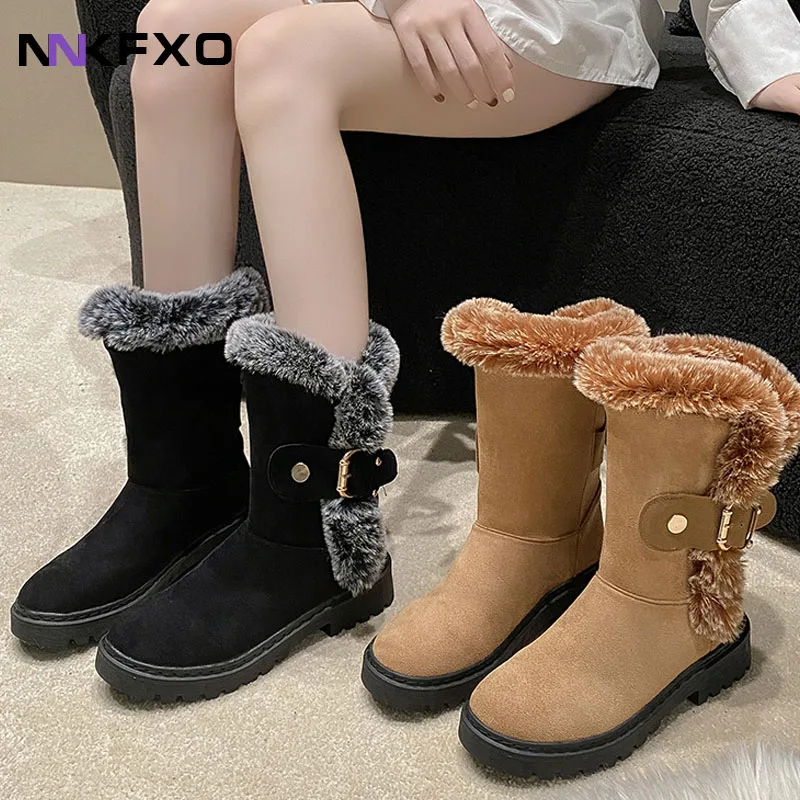 Rabbit Fur Thick Bottom Snow Boots Belt Buckle Stitching Fashion Black Padded Thickened Mid Calf Boots Women's Ladies Shoes
Rabbit Fur Thick Bottom Snow Boots Belt Buckle Stitching Fashion Black Padded Thickened Mid Calf Boots Women's Ladies Shoes