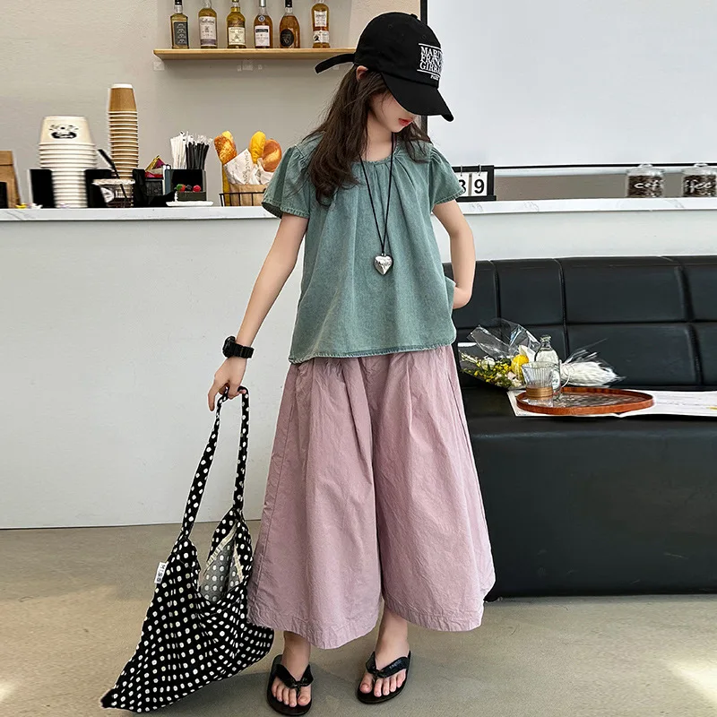Girls Suits Summer Cowboy Doll Dress Set Wide Leg Pants 2024 New Girls Two-piece Children Thin Style Simple Casual Clothes
Girls Suits Summer Cowboy Doll Dress Set Wide Leg Pants 2024 New Girls Two-piece Children Thin Style Simple Casual Clothes