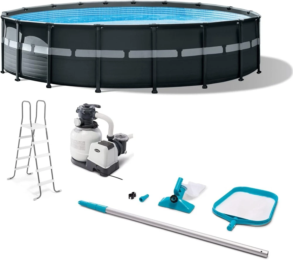 18' x 52" Above Ground Swimming Pool with Sand Filter Pump, Ladder, Cover, & Maintenance Accessory Kit with Vacuum and Skimmer
18' x 52" Above Ground Swimming Pool with Sand Filter Pump, Ladder, Cover, & Maintenance Accessory Kit with Vacuum and Skimmer
