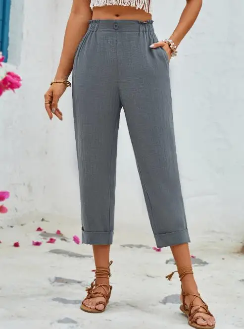 Summer women's pants elegant holiday style elastic waist pocket loose high waisted women's seven inch wide leg pants
Summer women's pants elegant holiday style elastic waist pocket loose high waisted women's seven inch wide leg pants